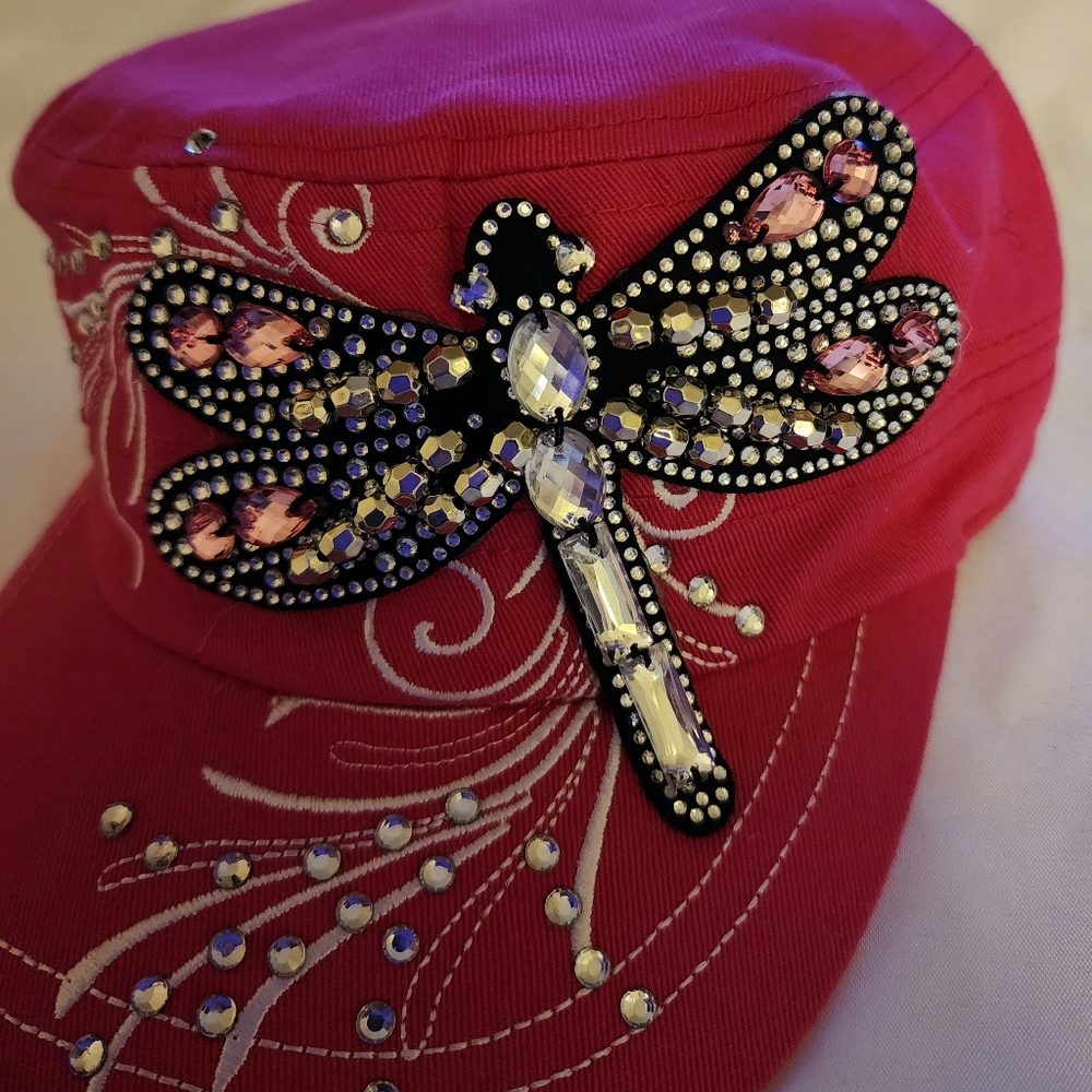 Rhinestone Cadet Cap - Dragonfly - Pink